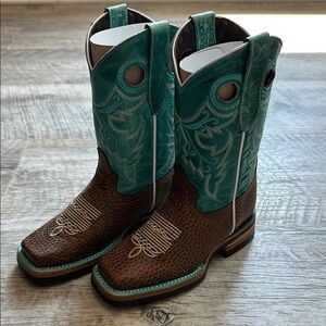 Kids Leather Cowboy Boots - Brown and Teal